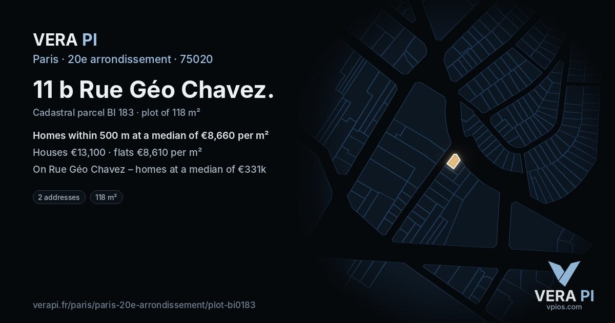 11 b Rue Géo Chavez, 20e arrondissement at night – the plot lit, the parcels around coloured by the prices near them