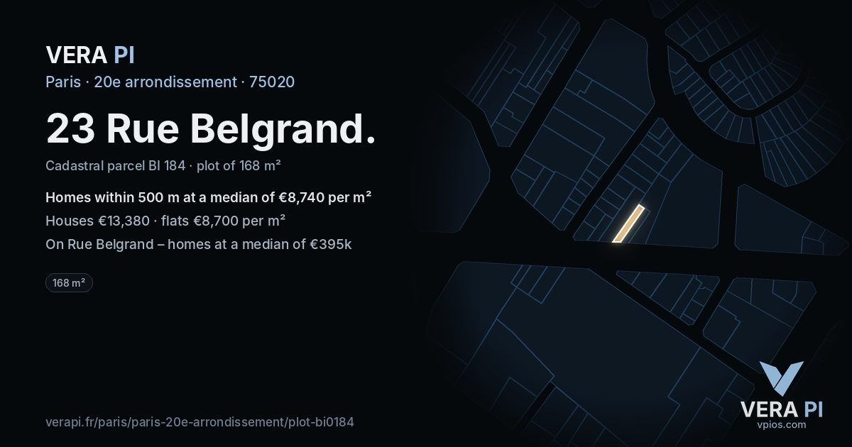 23 Rue Belgrand, 20e arrondissement at night – the plot lit, the parcels around coloured by the prices near them