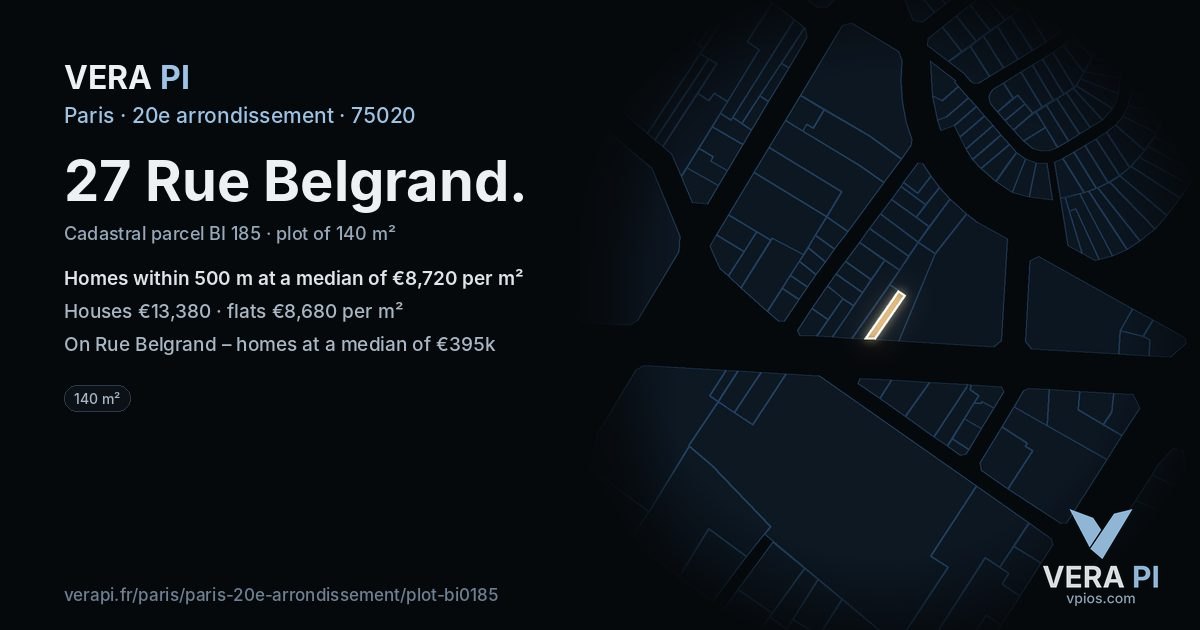 27 Rue Belgrand, 20e arrondissement at night – the plot lit, the parcels around coloured by the prices near them