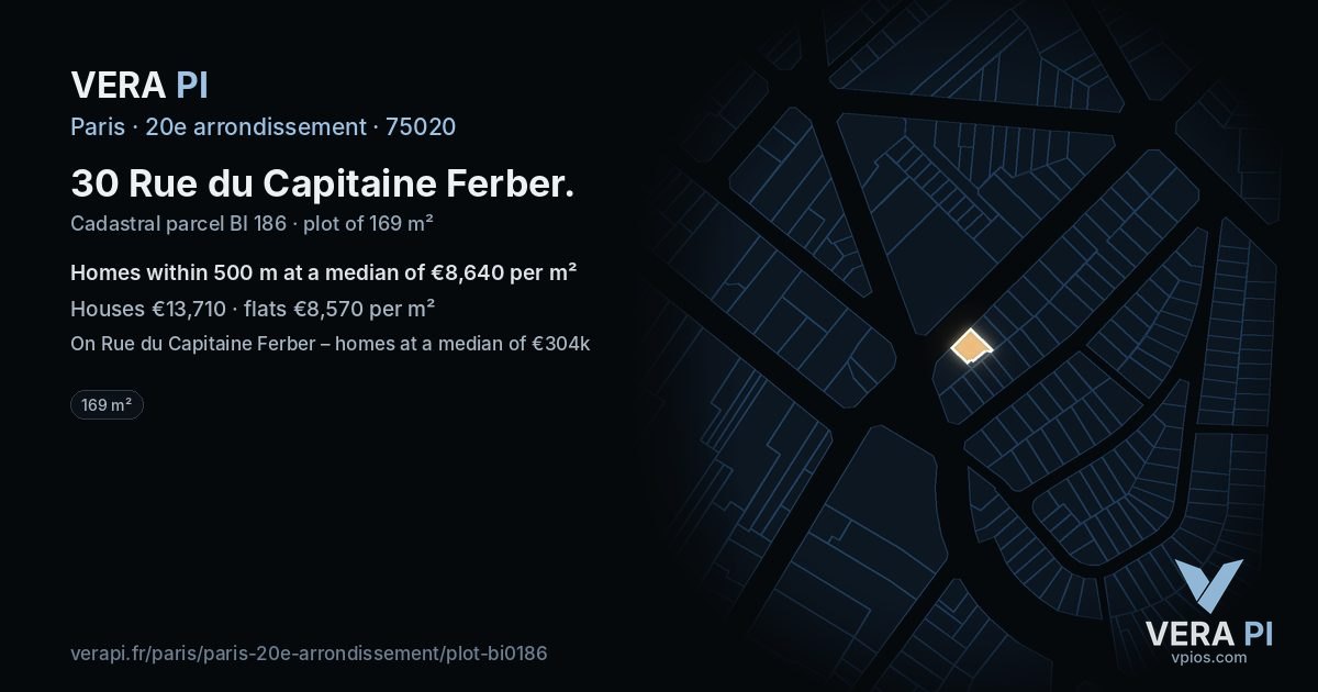 30 Rue du Capitaine Ferber, 20e arrondissement at night – the plot lit, the parcels around coloured by the prices near them