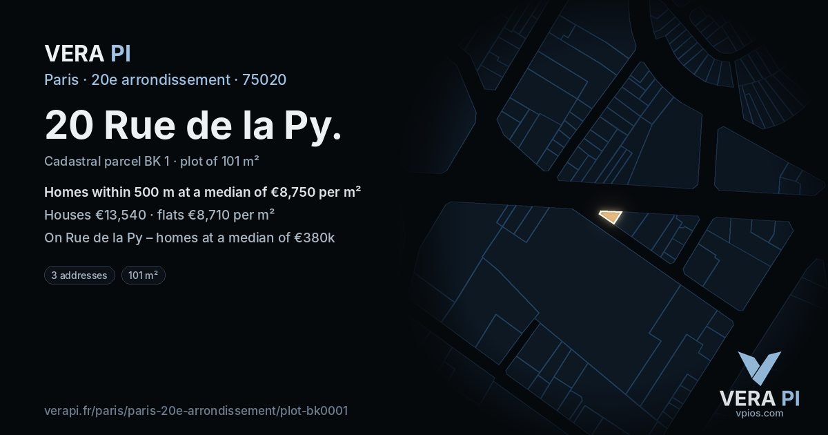 20 Rue de la Py, 20e arrondissement at night – the plot lit, the parcels around coloured by the prices near them