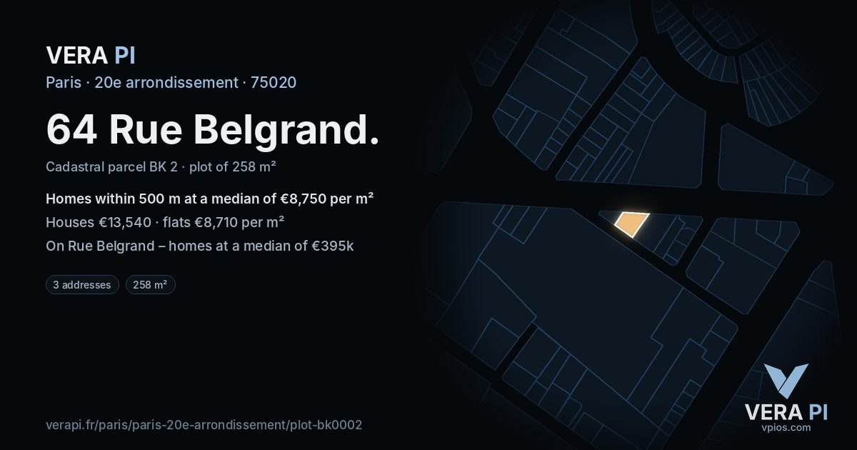 64 Rue Belgrand, 20e arrondissement at night – the plot lit, the parcels around coloured by the prices near them