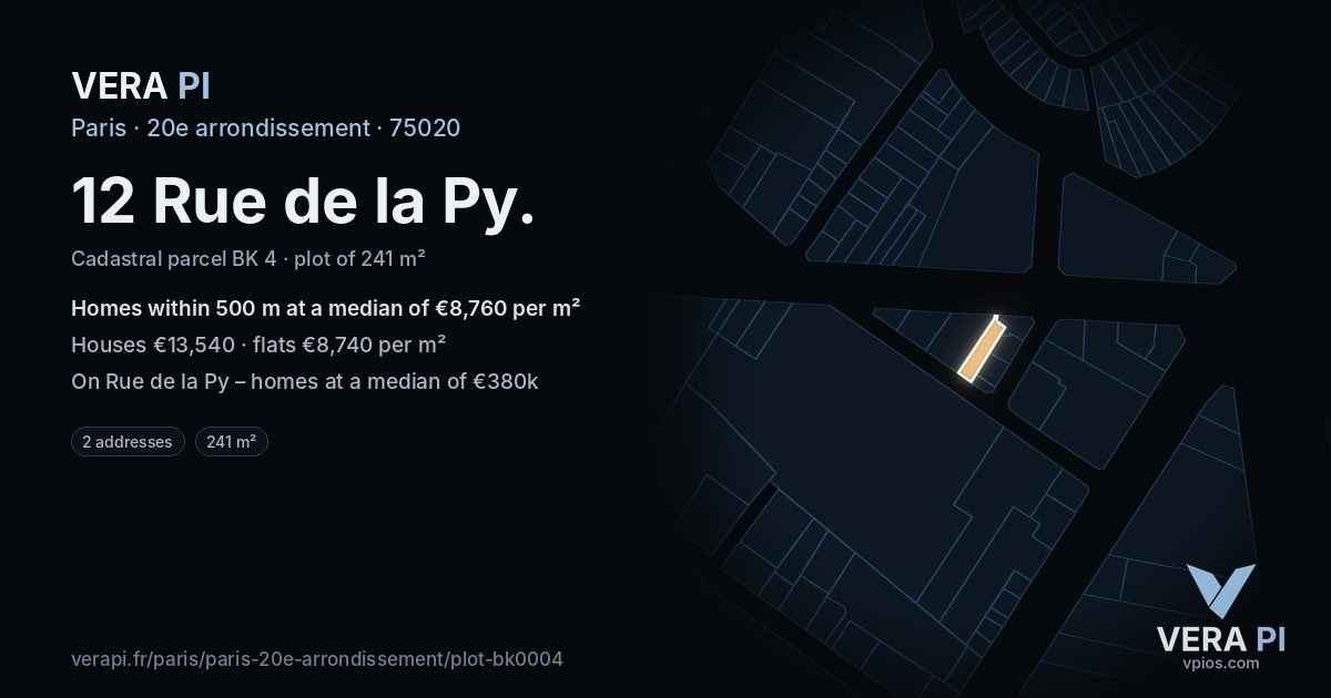 12 Rue de la Py, 20e arrondissement at night – the plot lit, the parcels around coloured by the prices near them