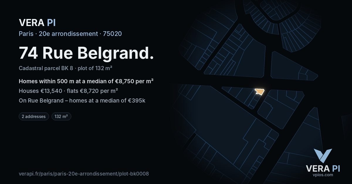 74 Rue Belgrand, 20e arrondissement at night – the plot lit, the parcels around coloured by the prices near them