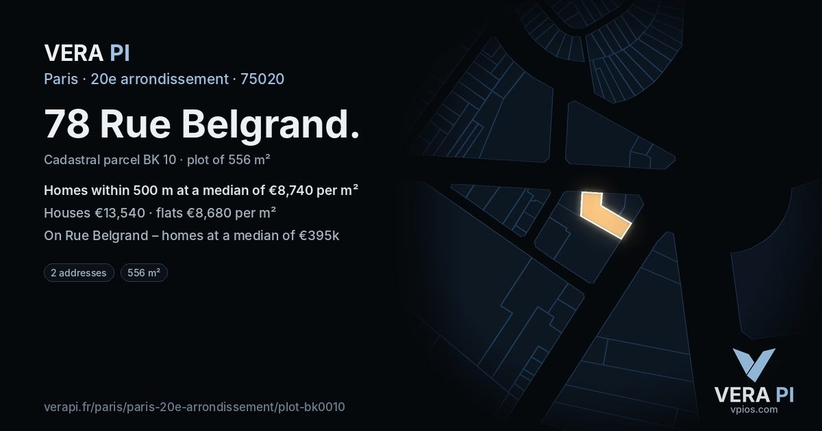 78 Rue Belgrand, 20e arrondissement at night – the plot lit, the parcels around coloured by the prices near them