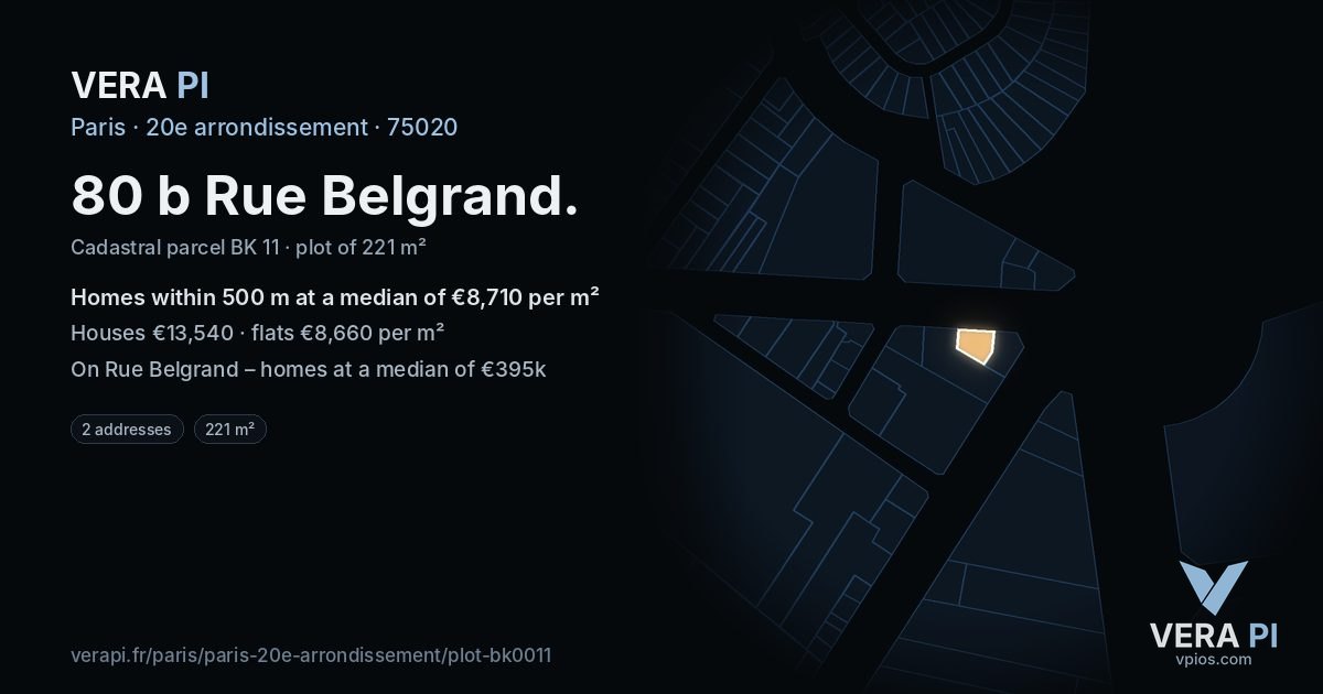 80 b Rue Belgrand, 20e arrondissement at night – the plot lit, the parcels around coloured by the prices near them