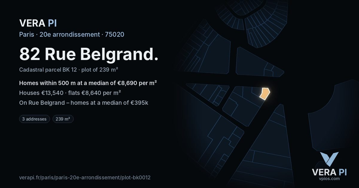 82 Rue Belgrand, 20e arrondissement at night – the plot lit, the parcels around coloured by the prices near them