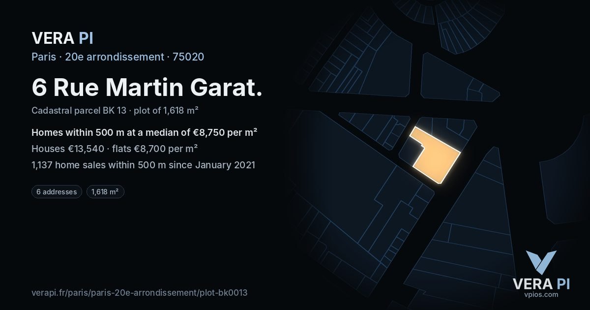 6 Rue Martin Garat, 20e arrondissement at night – the plot lit, the parcels around coloured by the prices near them