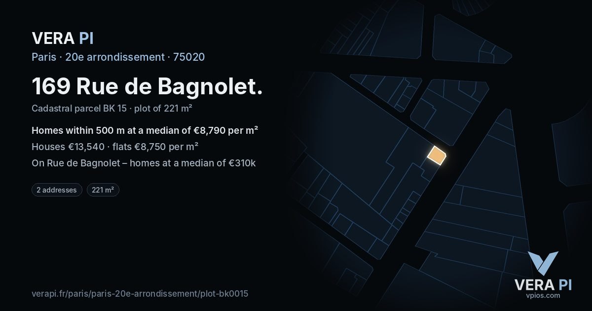169 Rue de Bagnolet, 20e arrondissement at night – the plot lit, the parcels around coloured by the prices near them