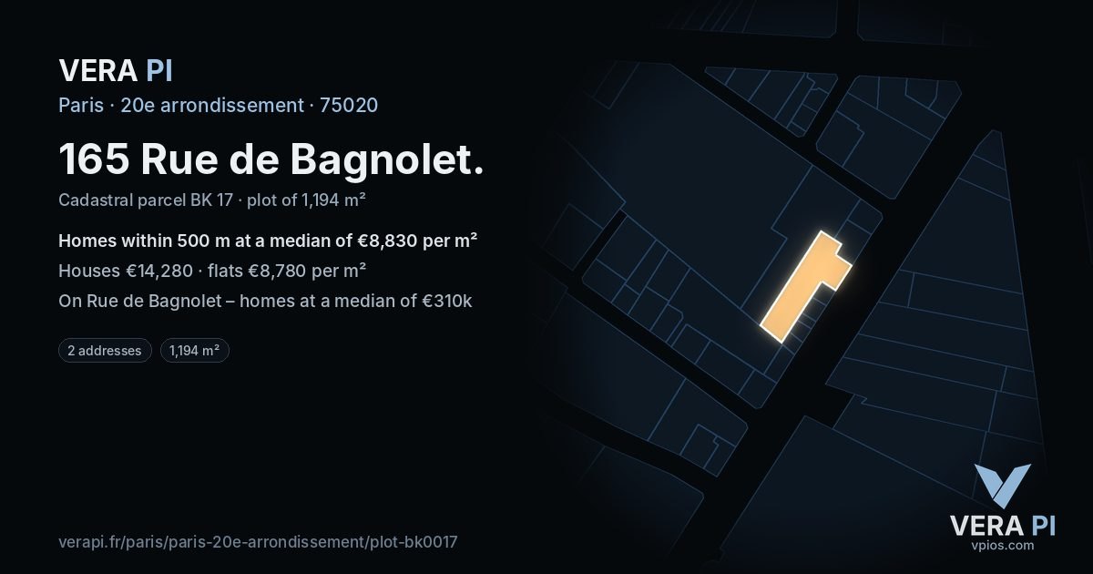 165 Rue de Bagnolet, 20e arrondissement at night – the plot lit, the parcels around coloured by the prices near them