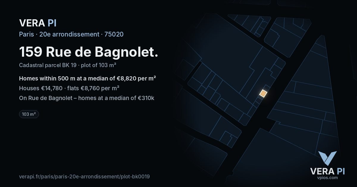 159 Rue de Bagnolet, 20e arrondissement at night – the plot lit, the parcels around coloured by the prices near them