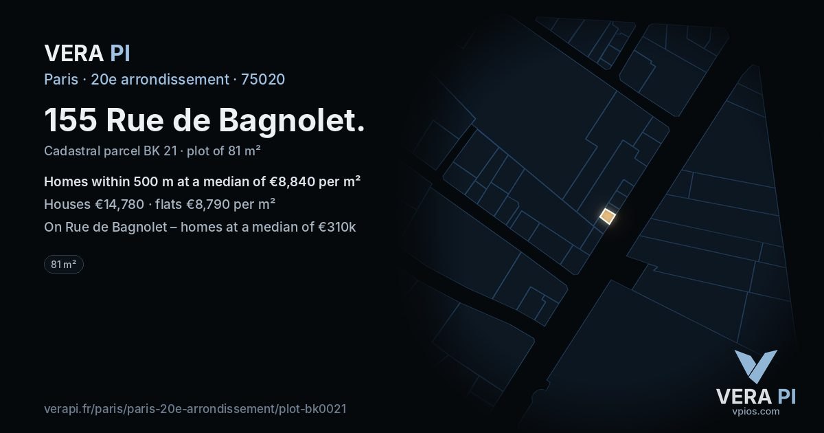 155 Rue de Bagnolet, 20e arrondissement at night – the plot lit, the parcels around coloured by the prices near them