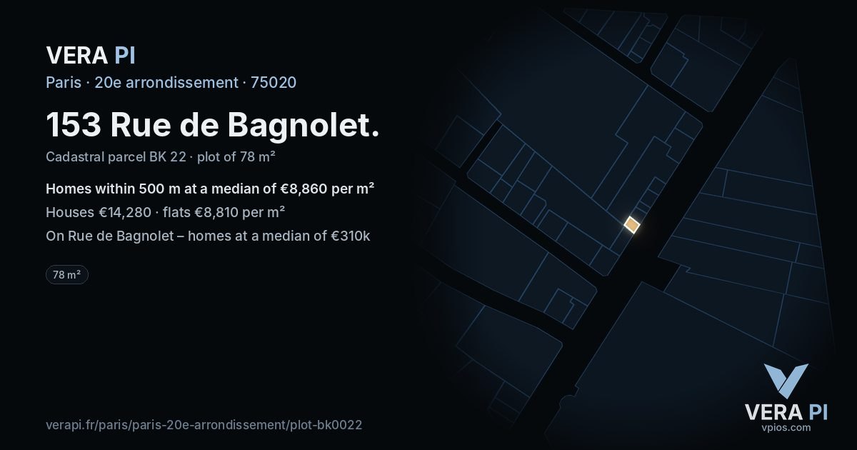 153 Rue de Bagnolet, 20e arrondissement at night – the plot lit, the parcels around coloured by the prices near them