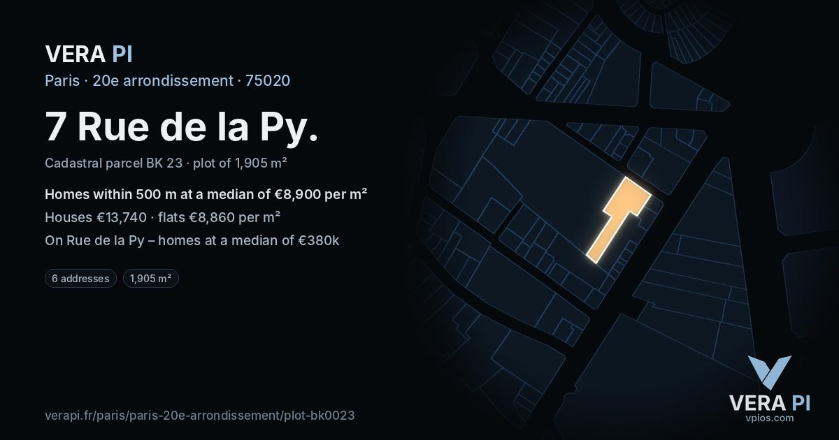 7 Rue de la Py, 20e arrondissement at night – the plot lit, the parcels around coloured by the prices near them