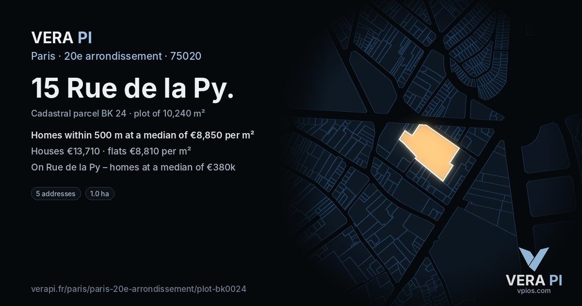 15 Rue de la Py, 20e arrondissement at night – the plot lit, the parcels around coloured by the prices near them