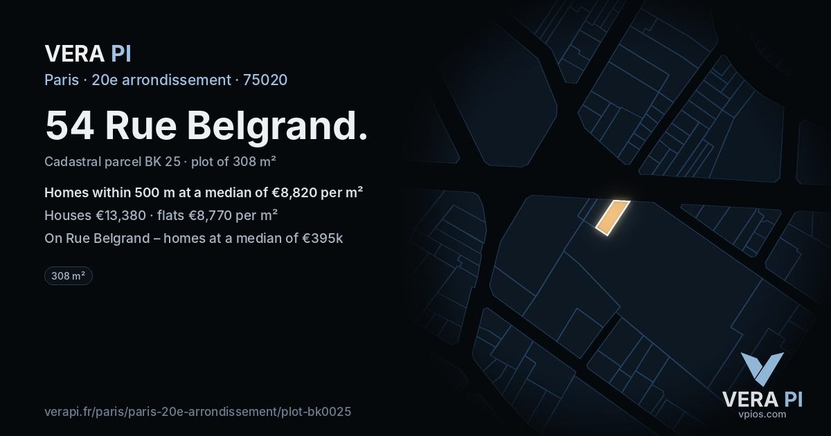 54 Rue Belgrand, 20e arrondissement at night – the plot lit, the parcels around coloured by the prices near them