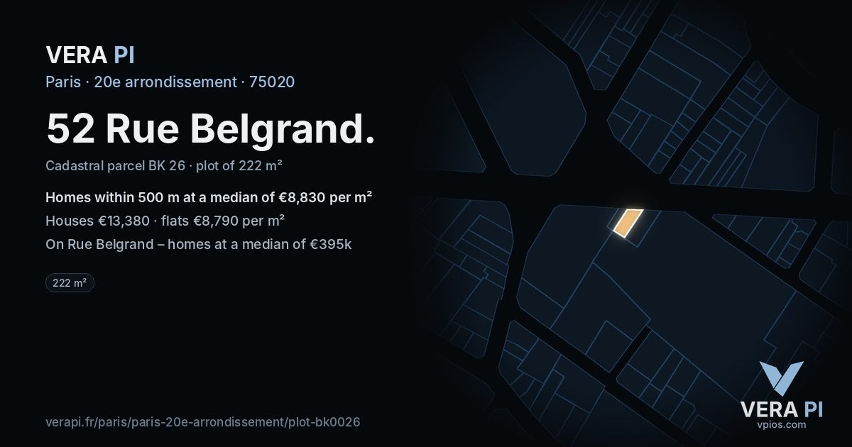 52 Rue Belgrand, 20e arrondissement at night – the plot lit, the parcels around coloured by the prices near them