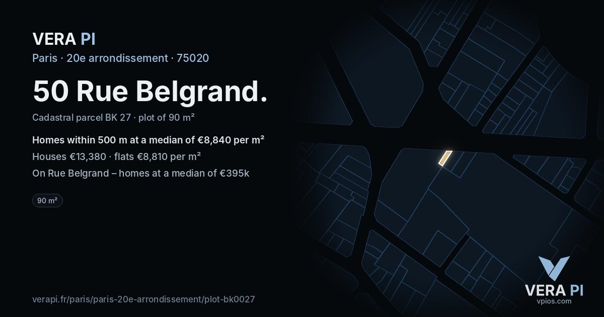 50 Rue Belgrand, 20e arrondissement at night – the plot lit, the parcels around coloured by the prices near them