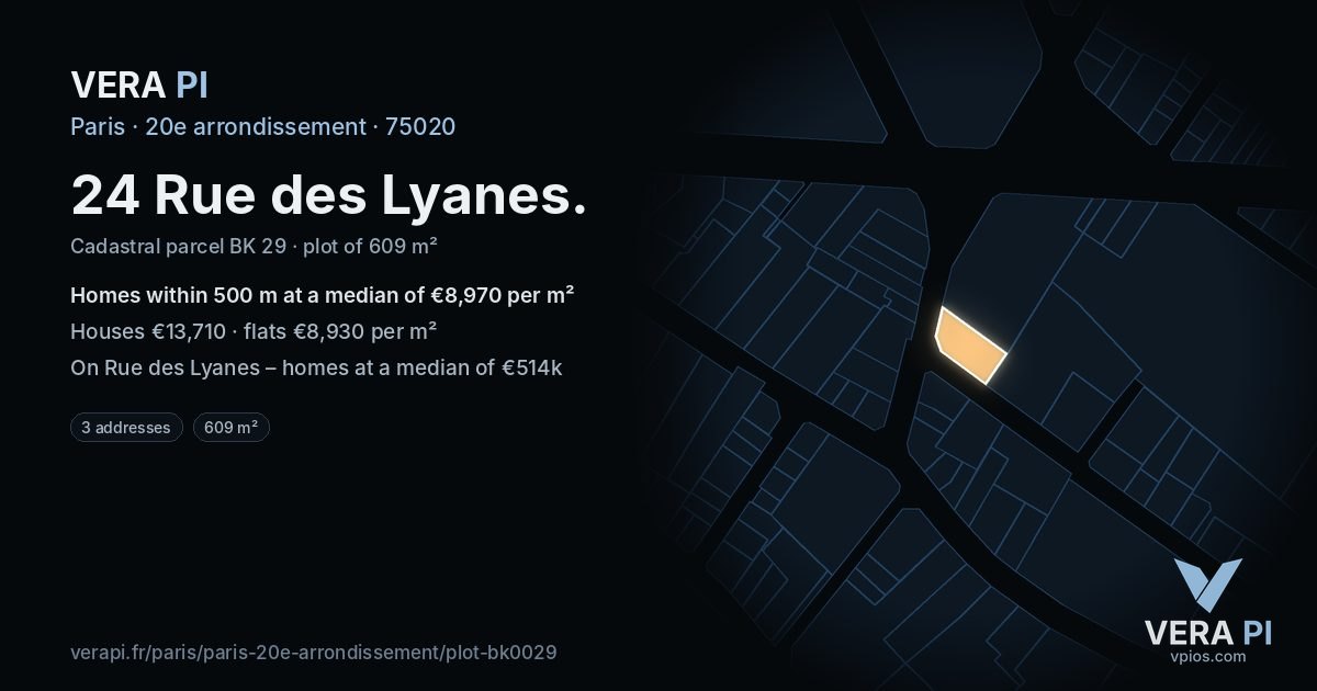 24 Rue des Lyanes, 20e arrondissement at night – the plot lit, the parcels around coloured by the prices near them