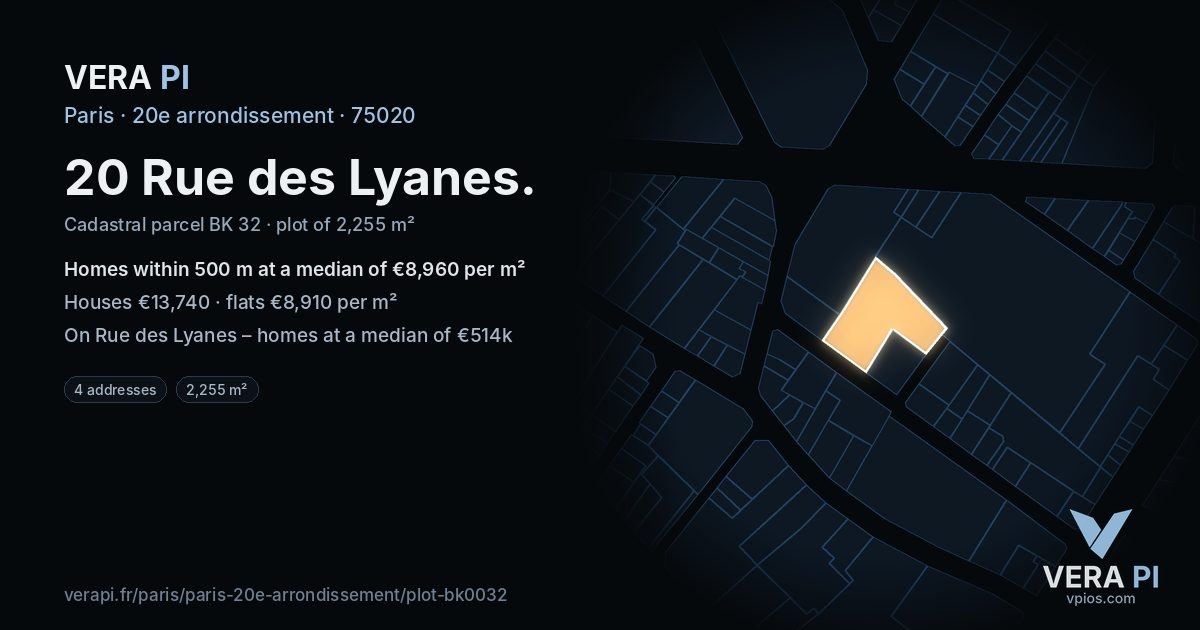 20 Rue des Lyanes, 20e arrondissement at night – the plot lit, the parcels around coloured by the prices near them