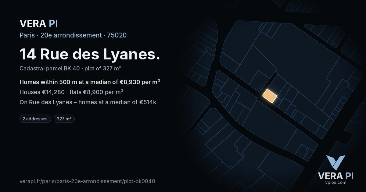 14 Rue des Lyanes, 20e arrondissement at night – the plot lit, the parcels around coloured by the prices near them