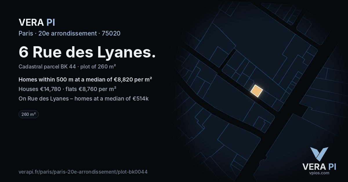6 Rue des Lyanes, 20e arrondissement at night – the plot lit, the parcels around coloured by the prices near them