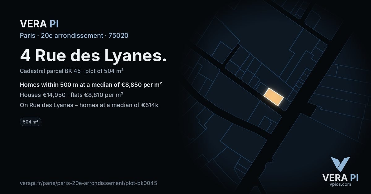 4 Rue des Lyanes, 20e arrondissement at night – the plot lit, the parcels around coloured by the prices near them