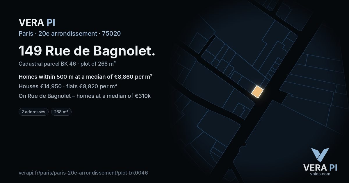 149 Rue de Bagnolet, 20e arrondissement at night – the plot lit, the parcels around coloured by the prices near them