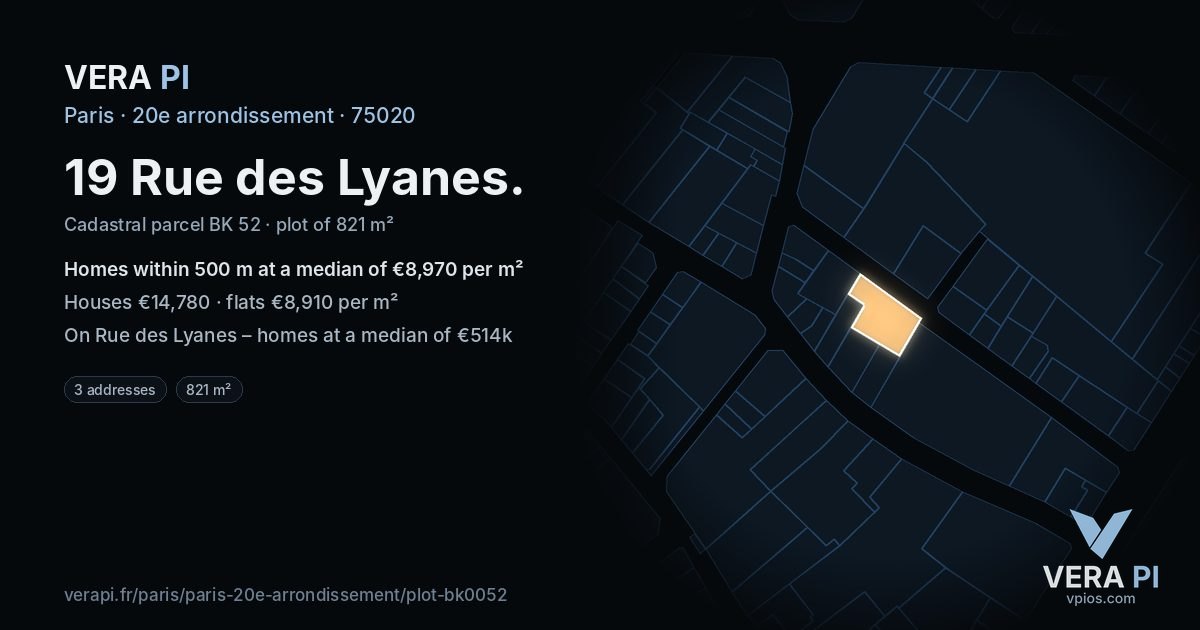 19 Rue des Lyanes, 20e arrondissement at night – the plot lit, the parcels around coloured by the prices near them