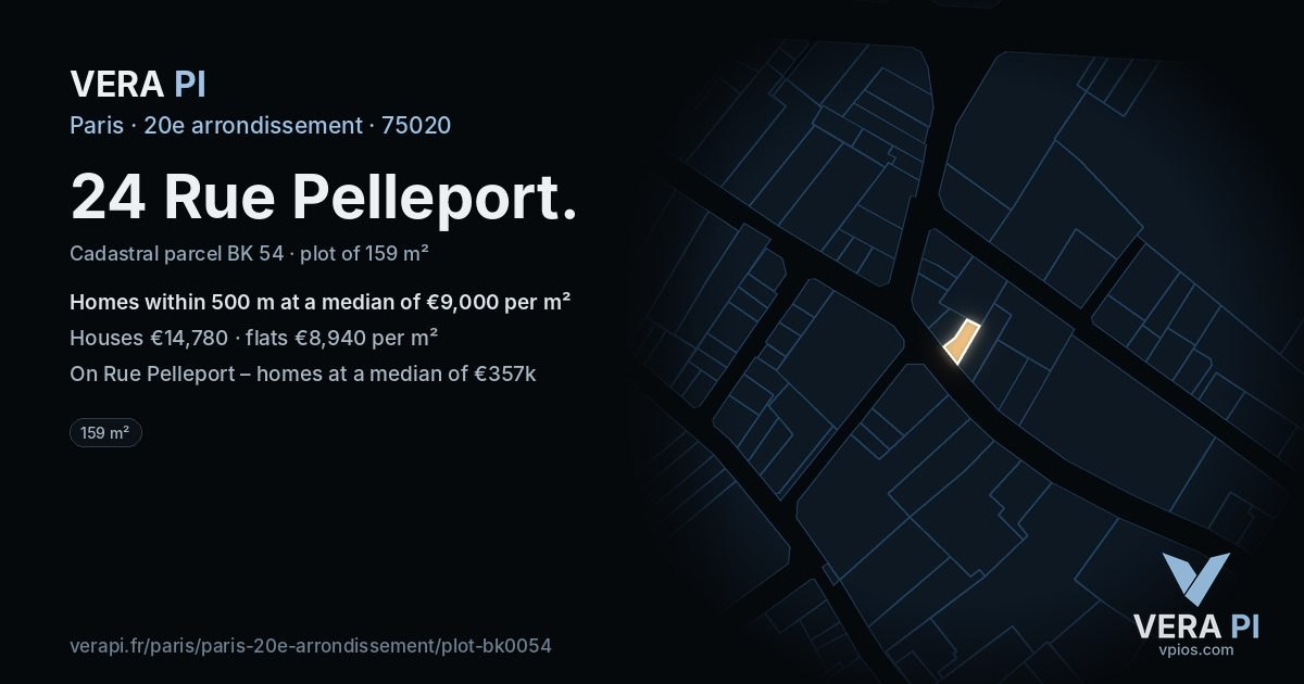 24 Rue Pelleport, 20e arrondissement at night – the plot lit, the parcels around coloured by the prices near them