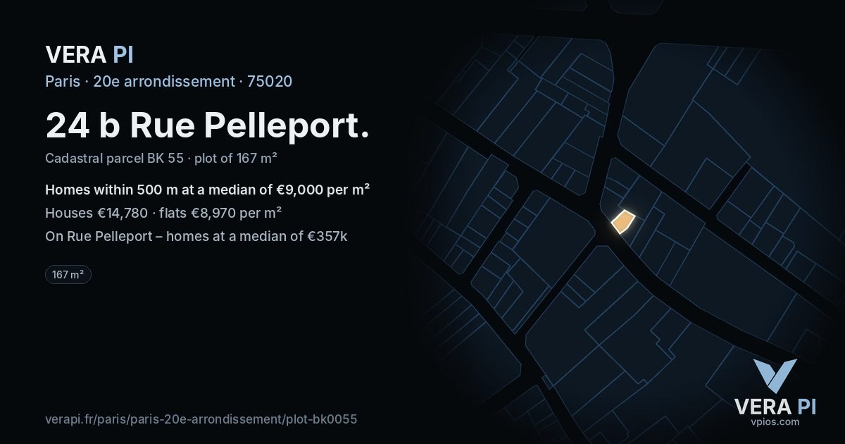 24 b Rue Pelleport, 20e arrondissement at night – the plot lit, the parcels around coloured by the prices near them