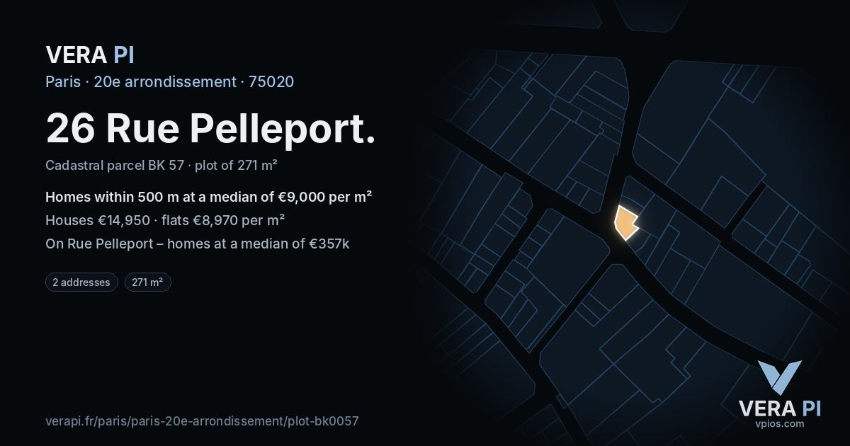 26 Rue Pelleport, 20e arrondissement at night – the plot lit, the parcels around coloured by the prices near them