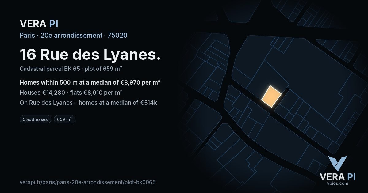 16 Rue des Lyanes, 20e arrondissement at night – the plot lit, the parcels around coloured by the prices near them
