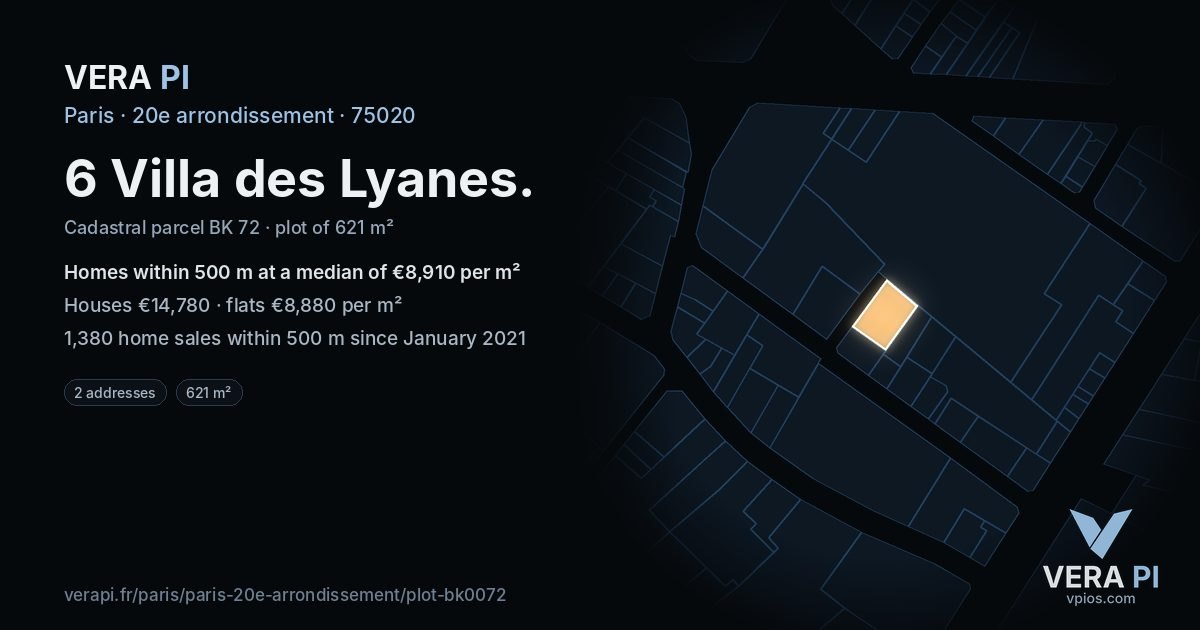 6 Villa des Lyanes, 20e arrondissement at night – the plot lit, the parcels around coloured by the prices near them