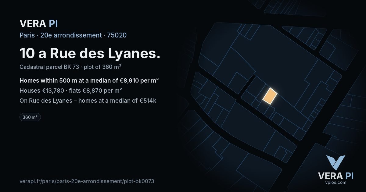 10 a Rue des Lyanes, 20e arrondissement at night – the plot lit, the parcels around coloured by the prices near them