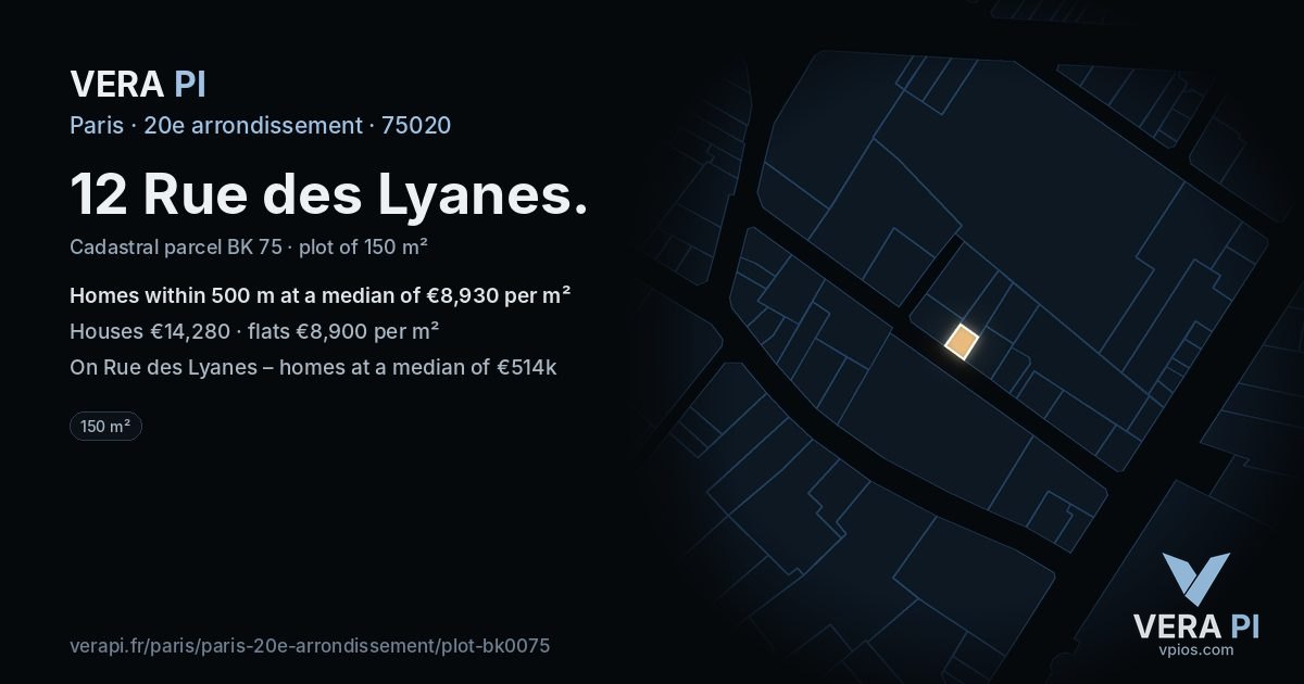 12 Rue des Lyanes, 20e arrondissement at night – the plot lit, the parcels around coloured by the prices near them