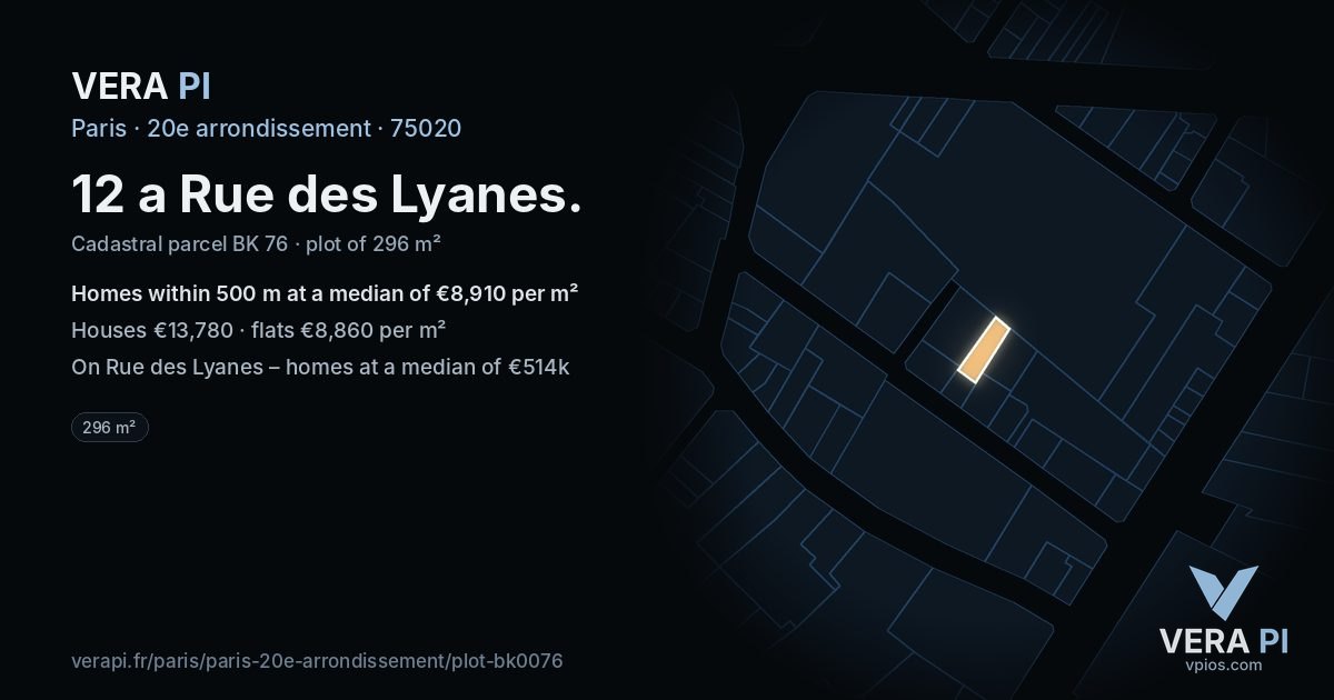 12 a Rue des Lyanes, 20e arrondissement at night – the plot lit, the parcels around coloured by the prices near them