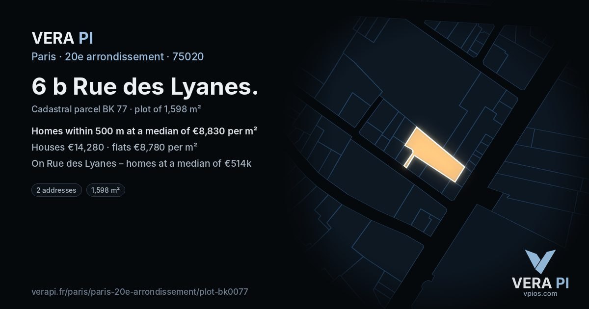 6 b Rue des Lyanes, 20e arrondissement at night – the plot lit, the parcels around coloured by the prices near them