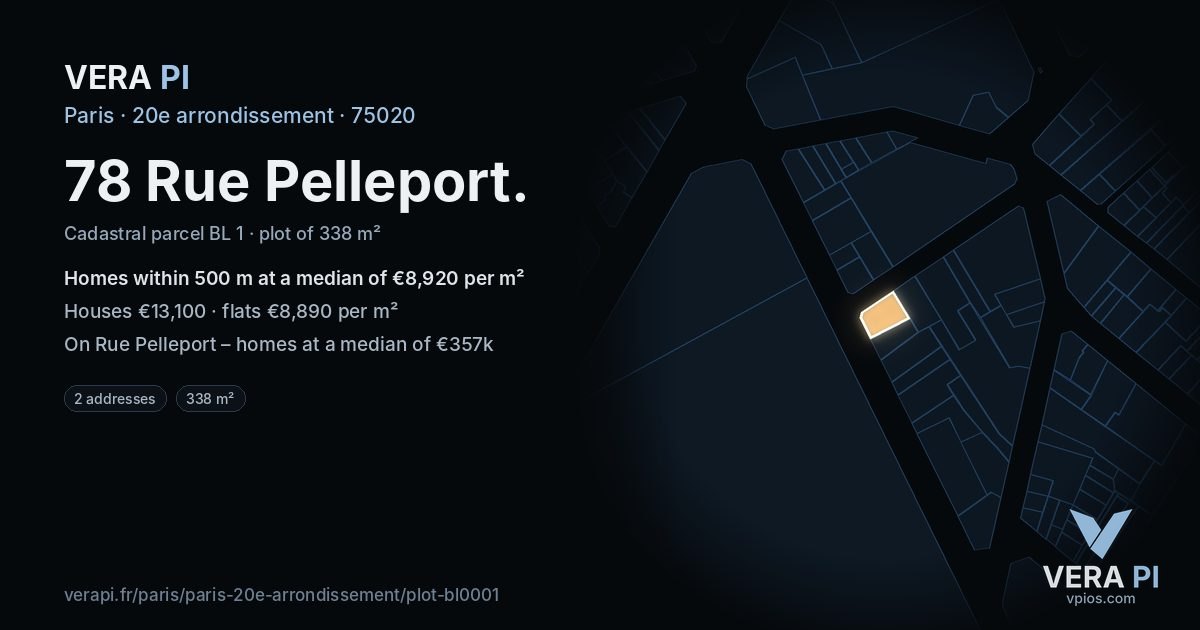 78 Rue Pelleport, 20e arrondissement at night – the plot lit, the parcels around coloured by the prices near them