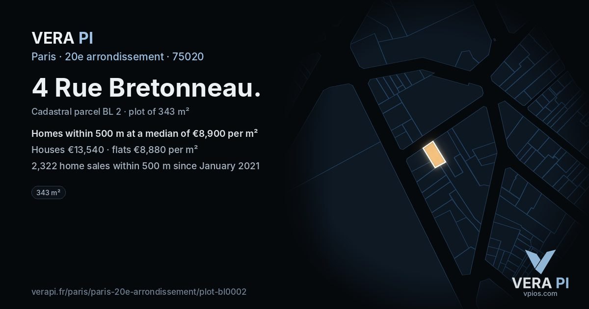 4 Rue Bretonneau, 20e arrondissement at night – the plot lit, the parcels around coloured by the prices near them