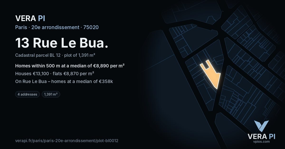 13 Rue Le Bua, 20e arrondissement at night – the plot lit, the parcels around coloured by the prices near them