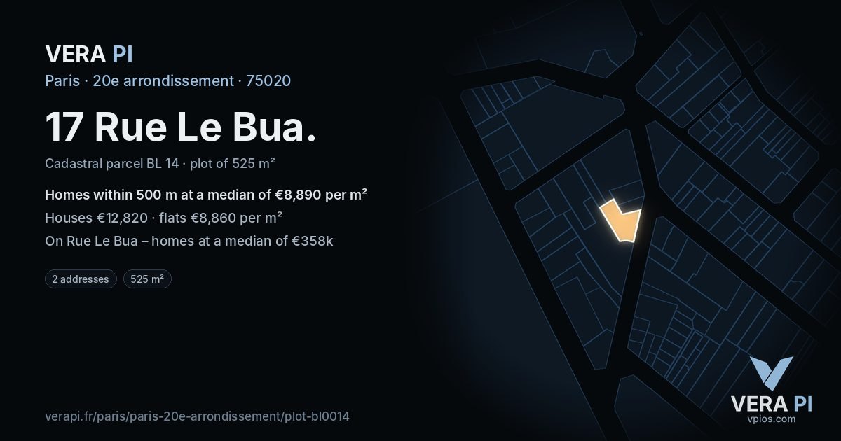 17 Rue Le Bua, 20e arrondissement at night – the plot lit, the parcels around coloured by the prices near them