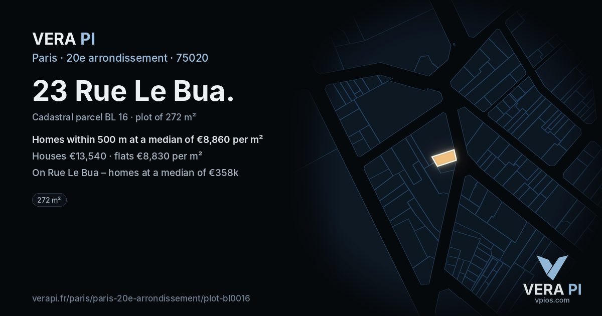 23 Rue Le Bua, 20e arrondissement at night – the plot lit, the parcels around coloured by the prices near them
