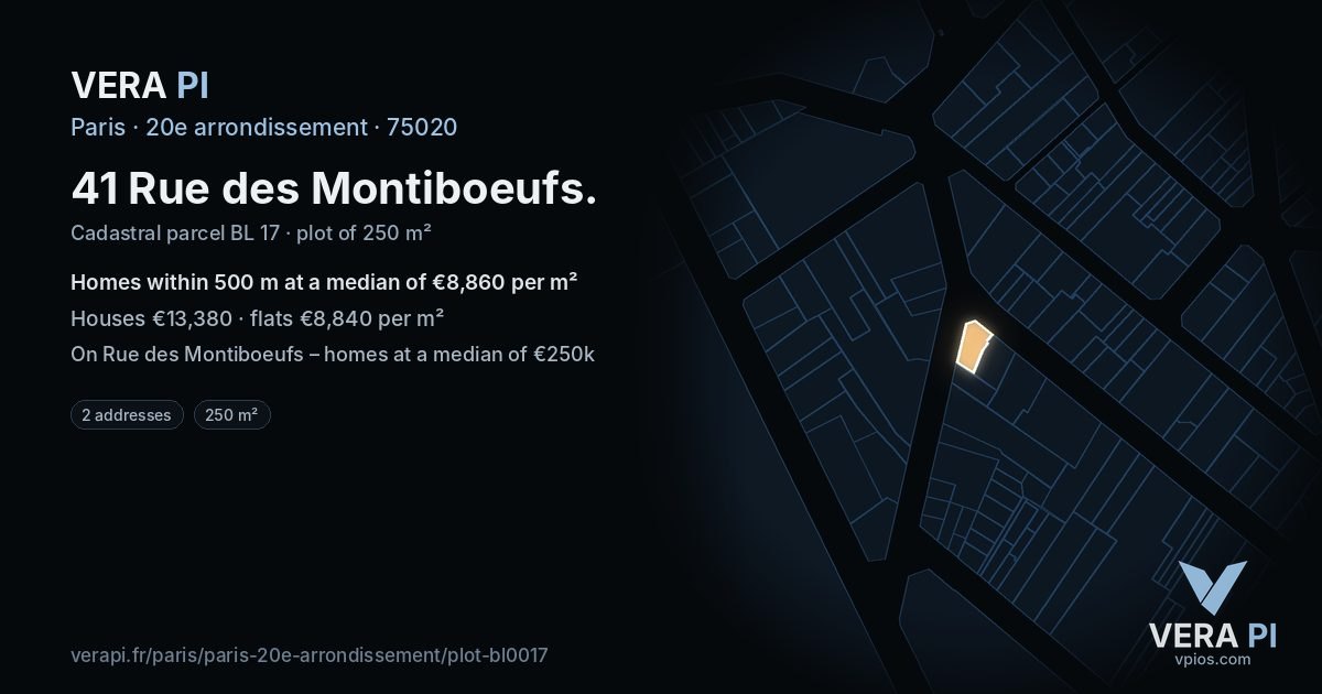 41 Rue des Montiboeufs, 20e arrondissement at night – the plot lit, the parcels around coloured by the prices near them