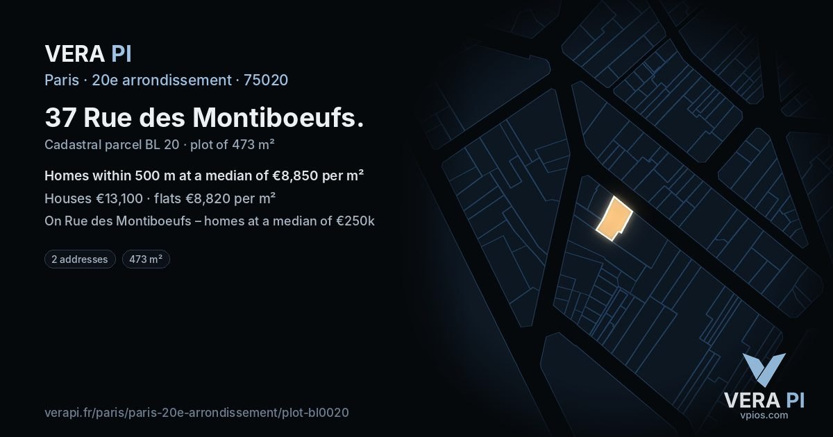 37 Rue des Montiboeufs, 20e arrondissement at night – the plot lit, the parcels around coloured by the prices near them