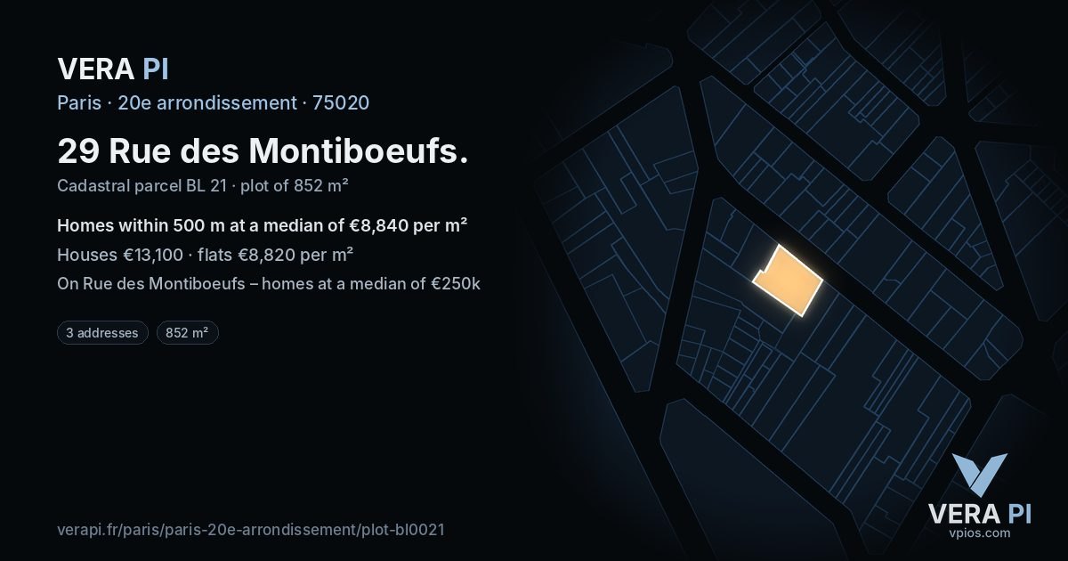 29 Rue des Montiboeufs, 20e arrondissement at night – the plot lit, the parcels around coloured by the prices near them