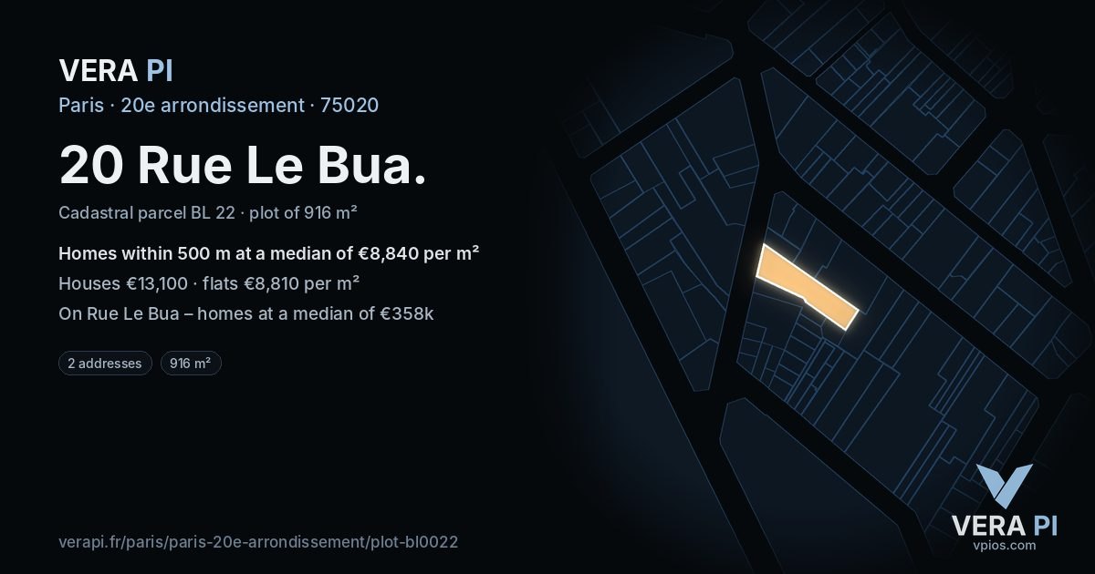 20 Rue Le Bua, 20e arrondissement at night – the plot lit, the parcels around coloured by the prices near them