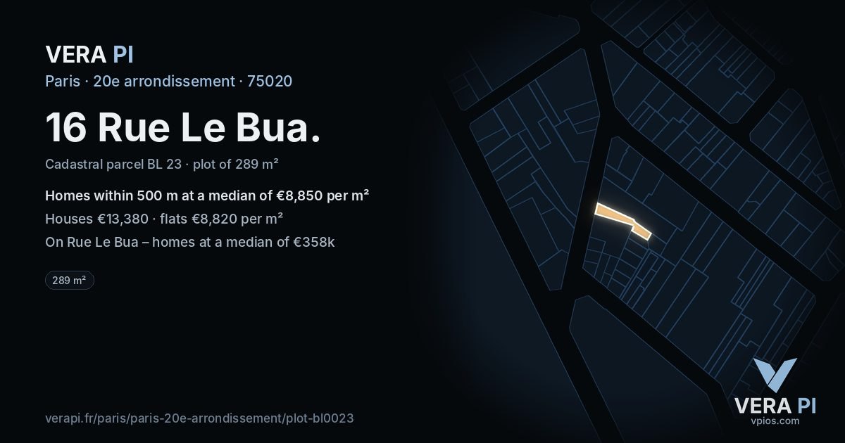 16 Rue Le Bua, 20e arrondissement at night – the plot lit, the parcels around coloured by the prices near them