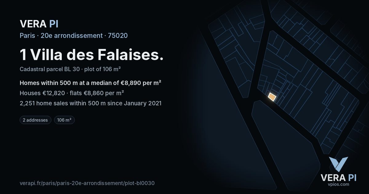 1 Villa des Falaises, 20e arrondissement at night – the plot lit, the parcels around coloured by the prices near them