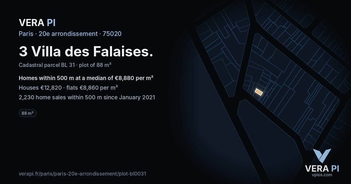 3 Villa des Falaises, 20e arrondissement at night – the plot lit, the parcels around coloured by the prices near them